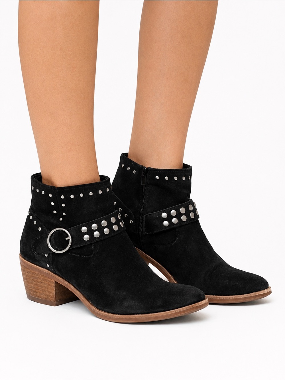 Black Studded Suede Ankle Boots with Low Block Heel